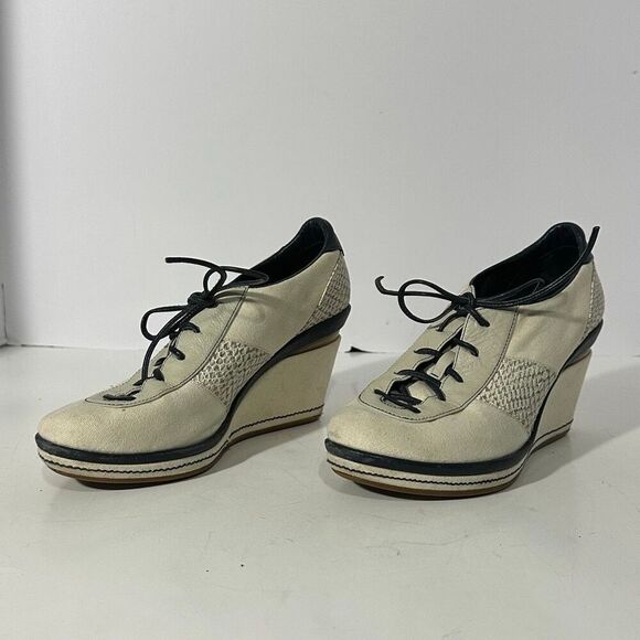 Cole Haan Canvas and Leather Lace-up Wedge Shoes Off-white & Blue | Women Size 6 - Picture 12 of 16